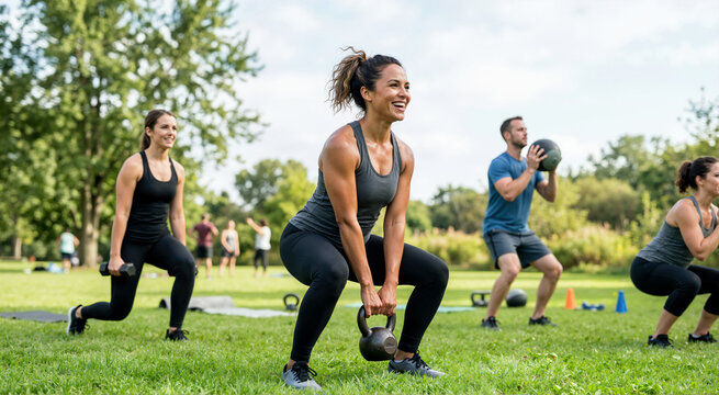 Group of people participating in an outdoor bootcamp workout. Smiling woman performing a kettlebell squat in a sunny park