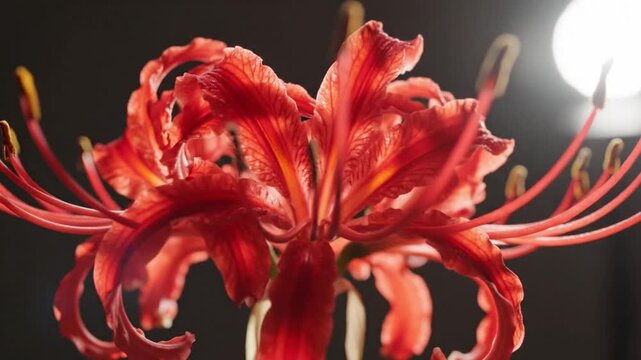 Vibrant Red Lycoris Radiata Flower Close Up Displaying Intricate Petal Textures Against A Dark Moody Background With A Circular Spotlight Effect