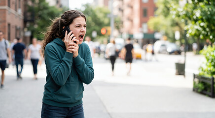 Fototapeta premium Angry teenage girl shouting into a smartphone on a busy city street. Frustrated young female having a heated argument on a mobile phone outdoors. Negative emotion and conflict concept