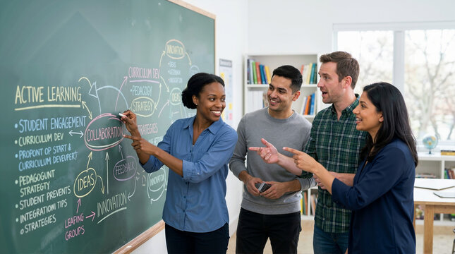 Diverse group of teachers brainstorming at a chalkboard. Professionals collaborating on an active learning strategy mind map