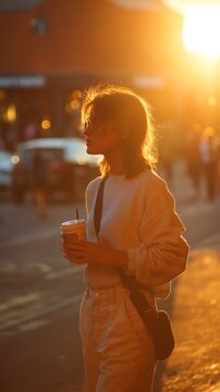 Woman holding takeaway coffee while walking at sunset, golden hour light, cinematic urban lifestyle 