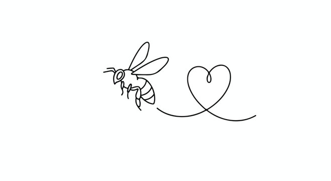 Minimalist line drawing of a bee with a heart-shaped tail symbolizing love for nature and pollination