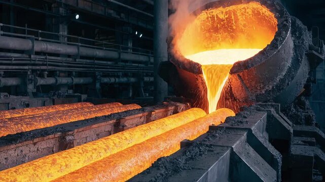 Molten steel flows steadily into continuous billet molds creating uniform billets ready for seamless rolling processes in an industrial steel plant environment