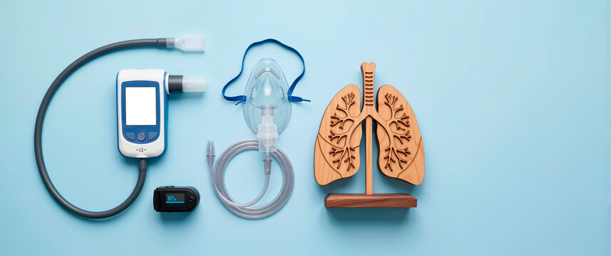 Flat lay of respiratory medical equipment and wooden lung model on blue background. Asthma and COPD treatment concept. Copy space for text