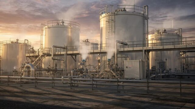 Sunset medium shot of a caustic digestion tank farm with warm light casting long shadows on the tall insulated digesters highlighting steam lines and catwalk platforms