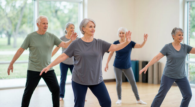 Group of senior adults practicing Tai Chi in a bright studio. Older men and women participating in a fitness class for active aging and weight loss