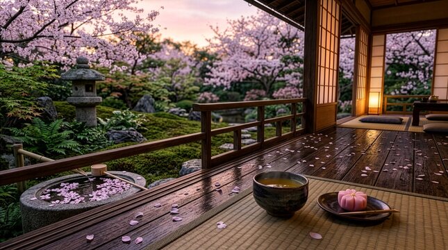 Japanese ryokan engawa veranda in spring with falling cherry blossom petals matcha and wagashi