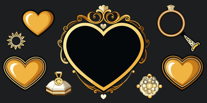 Set of ornate gold heart frames and jewelry icons, vector