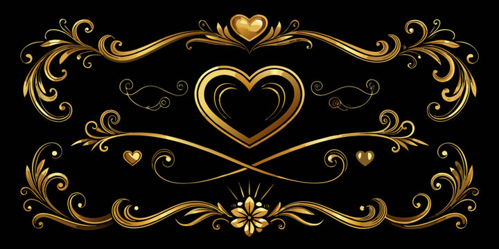 Elegant golden ornamental flourishes and heart decorative elements, vector