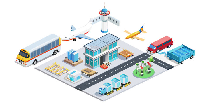 Isometric airport terminal and transport vehicle elements, vector