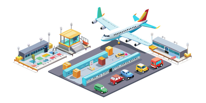 Isometric airport terminal with airplane and transport vehicles, vector