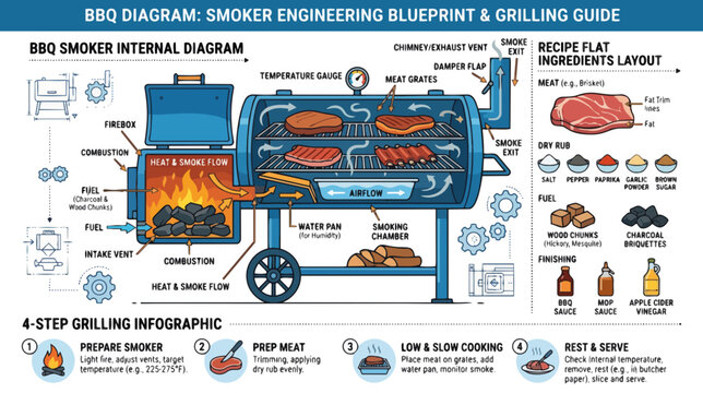 BBQ smoker engineering blueprint and grilling guide infographic. Flat design barbecue cross section diagram. Meat cooking instruction vector illustration