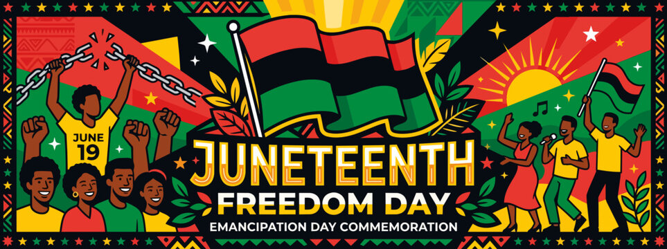 Juneteenth Freedom Day celebration banner with Pan-African flag. Flat design vector illustration of people singing and dancing