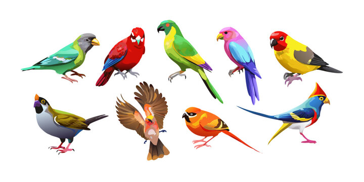 Colorful tropical and exotic birds collection set, vector
