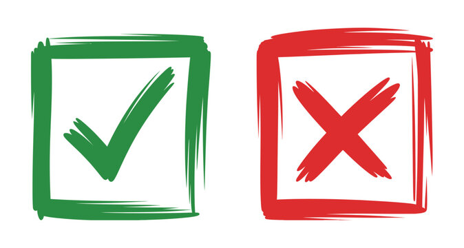 Green tick symbol and red cross sign in circle graphic showcasing pass and fail symbols for assessment, checklist, and feedback systems.