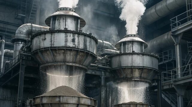 Medium shot of operational electrostatic precipitators releasing clean air with visible dust particles being removed from gas streams in a factory environment