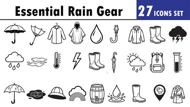 Set of 27 Essential Rain Gear and Rainy Weather Icons