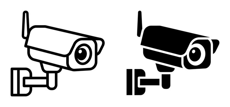 CCTV camera icons, security camera symbols, black and white vector graphics, surveillance icons