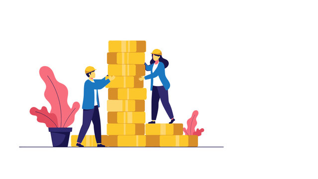 Financial Growth Concept with workers in hard hats stacking a tall pile of gold coins on a white background ideal for banking presentations, investment blogs, and financial planning advertisements.