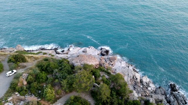 The scenic views of Aytap (iotape) is popular for camping, swimming in the natural caves, the local beaches, and the ancient ruins, located east of Alanya, in the Mediterranean Region, Turkey. 