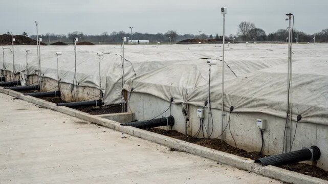Medium shot of aerated static pile system on concrete pad showing large covered piles with visible forced air pipes and temperature probes monitoring compost conditions