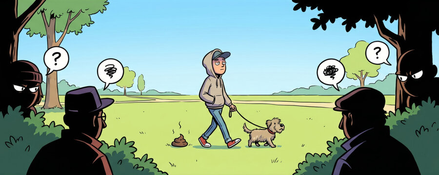 Irresponsible dog owner leaving poop in park, observed by angry hidden people, illustrating a common community problem