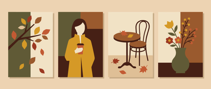 Autumn fall poster set leaves woman coffee cafe table flowers vase flat illustration panels