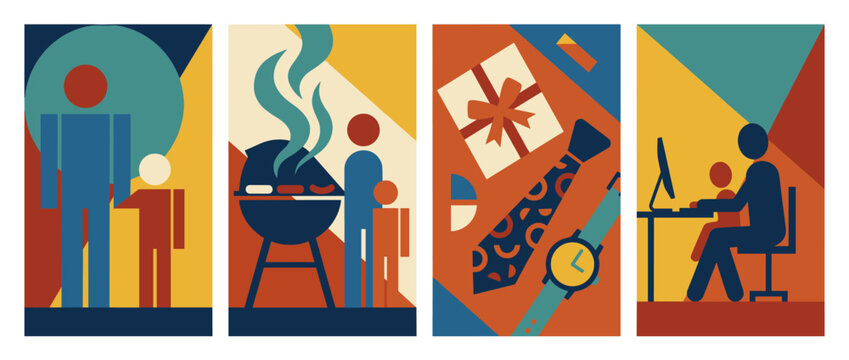 Father's Day poster set dad child barbecue gift tie watch home office geometric flat illustration