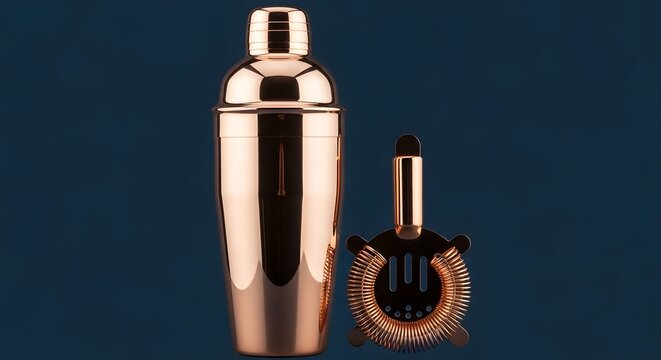 A copper cocktail shaker and jigger sit on a dark blue background, ready for mixology.