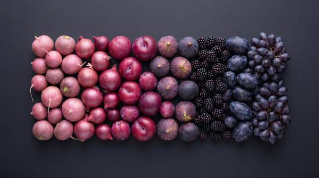 Panoramic purple and berry gradient mix of fresh produce