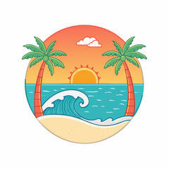 Fototapeta premium Tropical Beach Sunset with Palm Trees and Ocean Wave