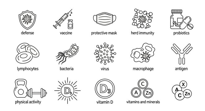 Black and white line icons of immune system and health concepts, medical background