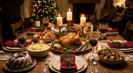 Fototapeta premium Traditional roasted christmas chicken served with fresh vegetables on festive table top.