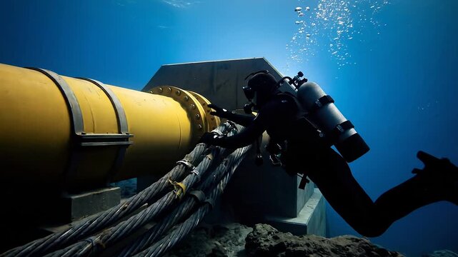Scuba diver inspecting communication cable on ocean floor. Maintenance engineer checking underwater network infrastructure. Technical deep sea submarine connection task.