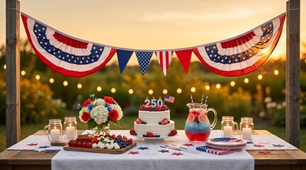 Obraz premium 4th of July Party Table Setting with American Flag Cake, Berries and Patriotic Outdoor Celebration