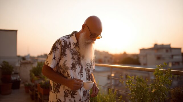 Senior man enjoying morning coffee on rooftop terrace at sunrise. Relaxed lifestyle moment with warm sunlight, urban skyline and peaceful start of day