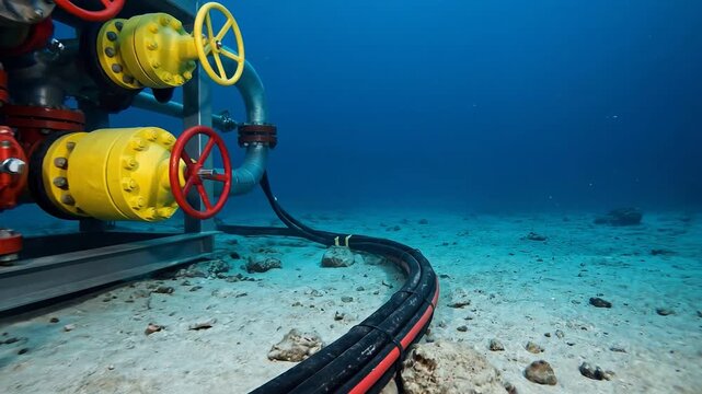 Underwater industrial manifold with valves on the seabed. Subsea infrastructure for pipeline control and communication. Oil and gas industry equipment in ocean.