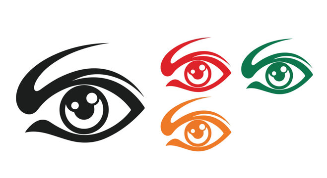 Set of four colorful eye illustrations in black, red, green, and orange with detailed iris and eyelid designs