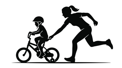 Obraz premium Woman helping child learn ride bicycle bike with training wheels outdoors in daytime with support and guidance