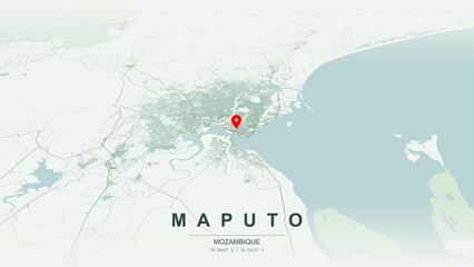 Modern minimalist vector map of Maputo, Mozambique. High-quality scalable illustration of Maputo city grid, Maputo-Katembe Bridge, Port of Maputo waterfront for posters and design. © AliRza