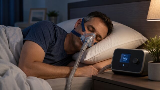 Middle aged man sleeping with cpap mask in bedroom at night