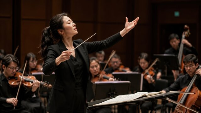 Female conductor leading orchestra in concert hall performance