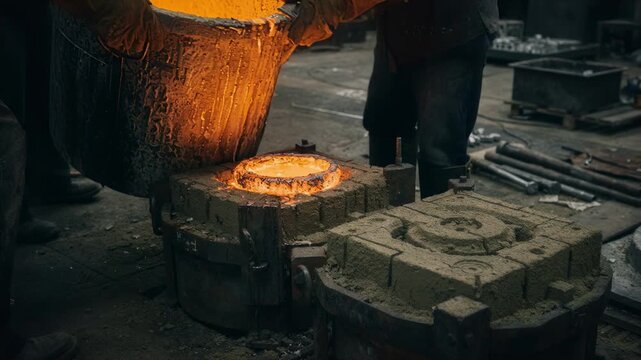 Molten bronze is being carefully poured into sand molds within flasks on a foundry floor showcasing the precision in the casting preparation process