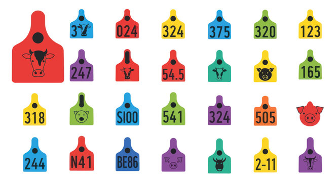Colorful Livestock Ear Tags with Numbers and Animal Icons