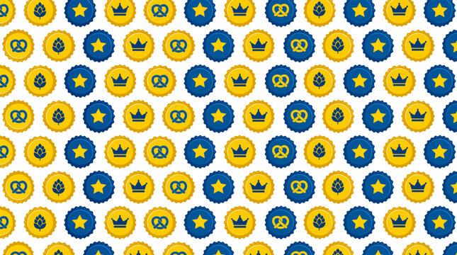 Oktoberfest bottle caps with pretzels, stars, and hops, flat pattern