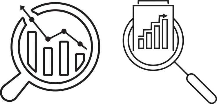 Magnifying Glass with Bar Charts: A set of graphic icons featuring a magnifying glass focused on bar charts, illustrating data analysis, growth, and trends.png