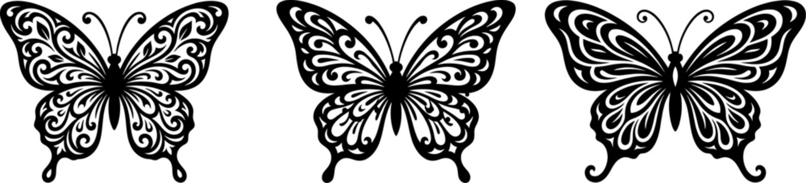 Butterfly Silhouette Bundle Vector, Decorative Butterfly Silhouette Bundle with Ornamental Floral Wing Pattern Vector Illustration Set
