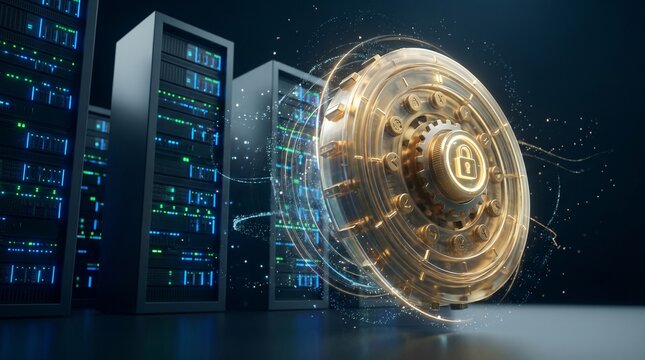Digital Bank Vault Wheel with Secure Server Background