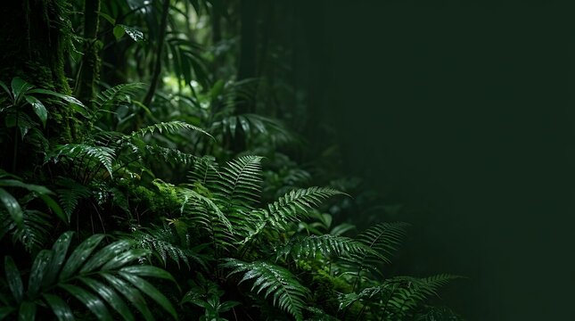 Lush green tropical plants and ferns in a dense forest environment