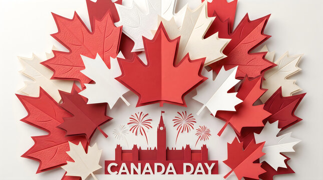 Canada day celebration paper maple leaves and parliament hill fireworks